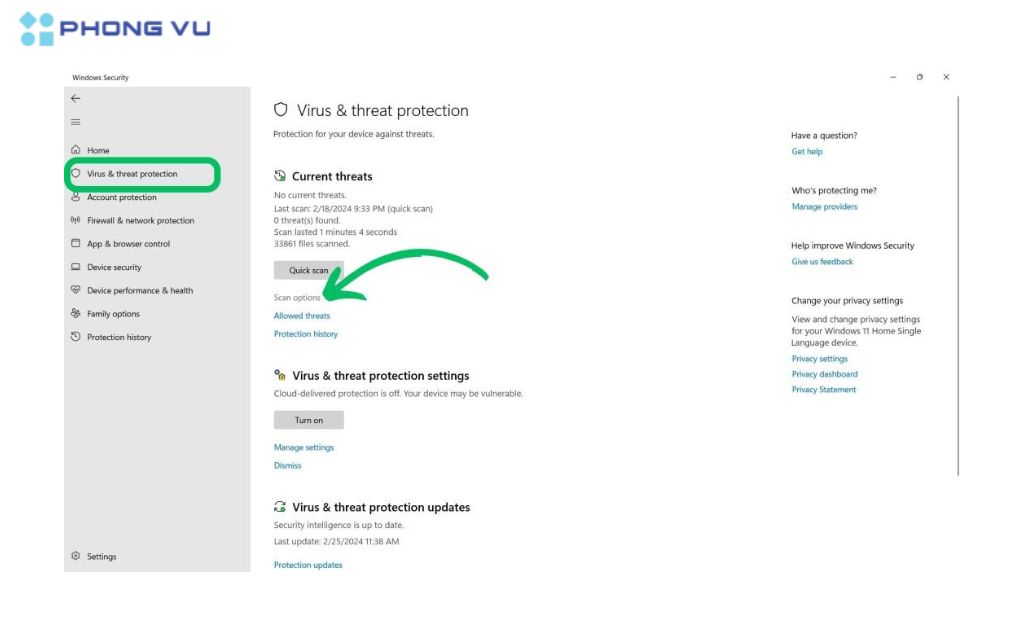 Chọn Virus & threat protection và nhấp vào Scan options