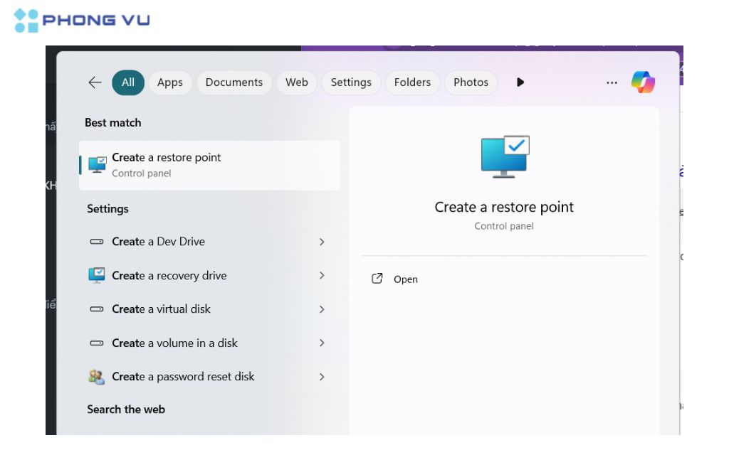 Sử dụng Create a restore point để có thể khôi phục hệ thống