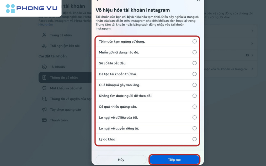 Lý do xóa tài khoản