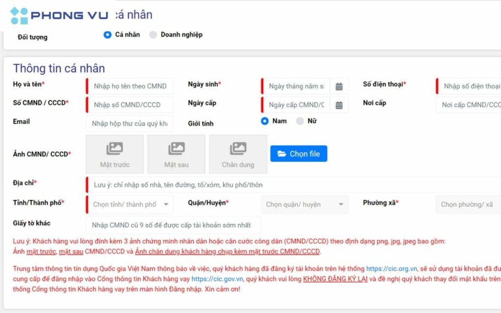 Nhập tất cả các thông tin cá nhân để đăng ký tài khoản