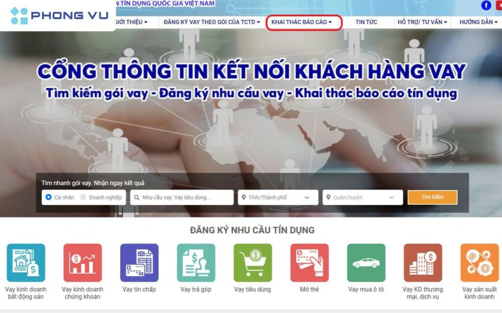 Truy cập mục Khai thác báo cáo để kiểm tra về nợ xấu