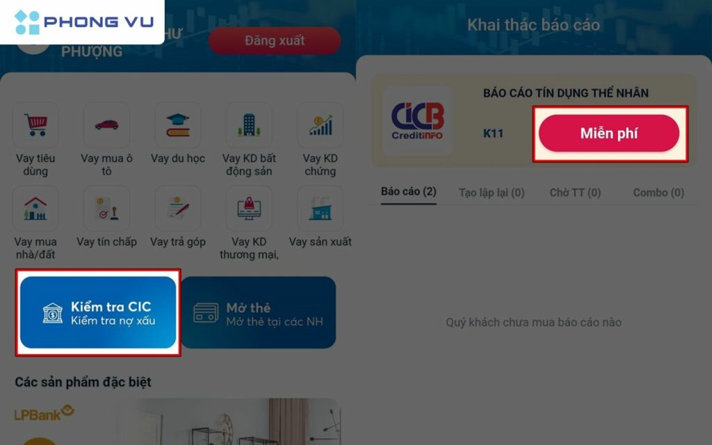 Truy cập mục Kiểm tra CIC để kiểm tra về nợ xấu