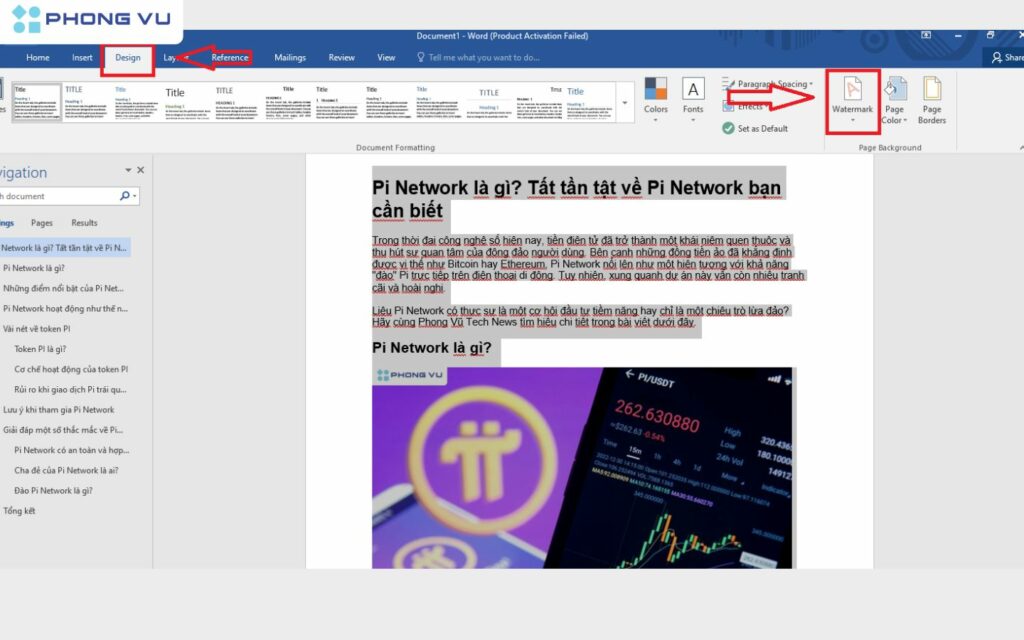 Chọn Design sau đó nhấp vào Watermark