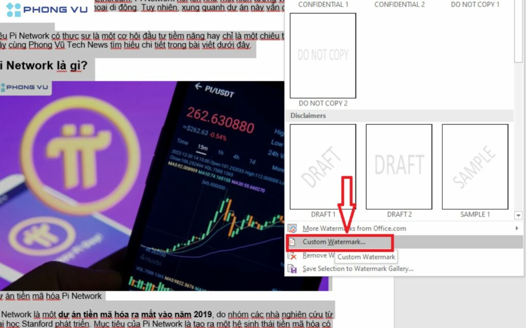 Chọn vào mục Custom watermark