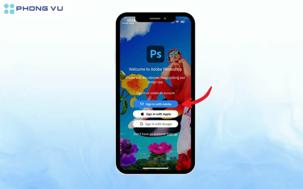 Mở ứng dụng và đăng nhập vào tài khoản Adobe.