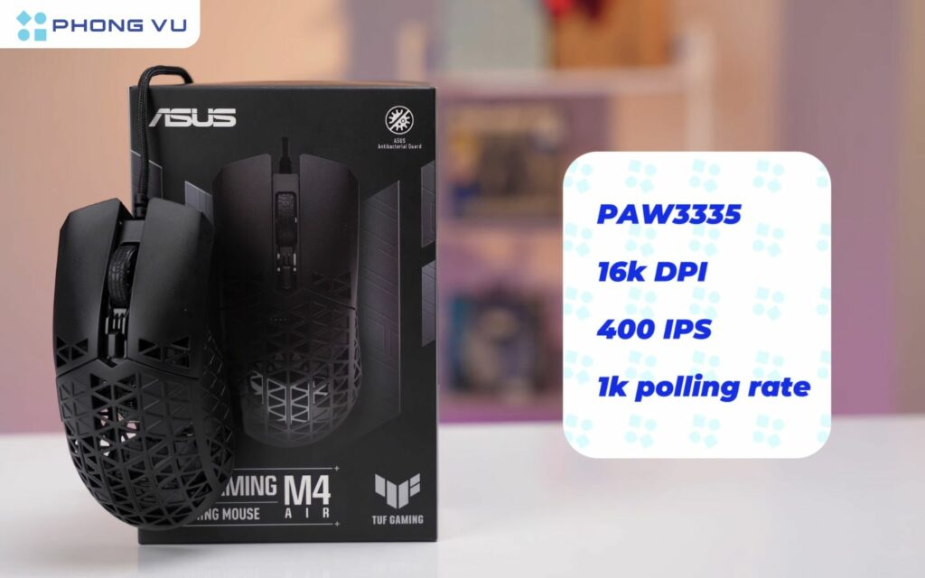 ASUS TUF M4 AIR được trang bị mắt đọc PAW 3335, một cảm biến quang học tầm trung với độ phân giải mình đa 16.000 DPI