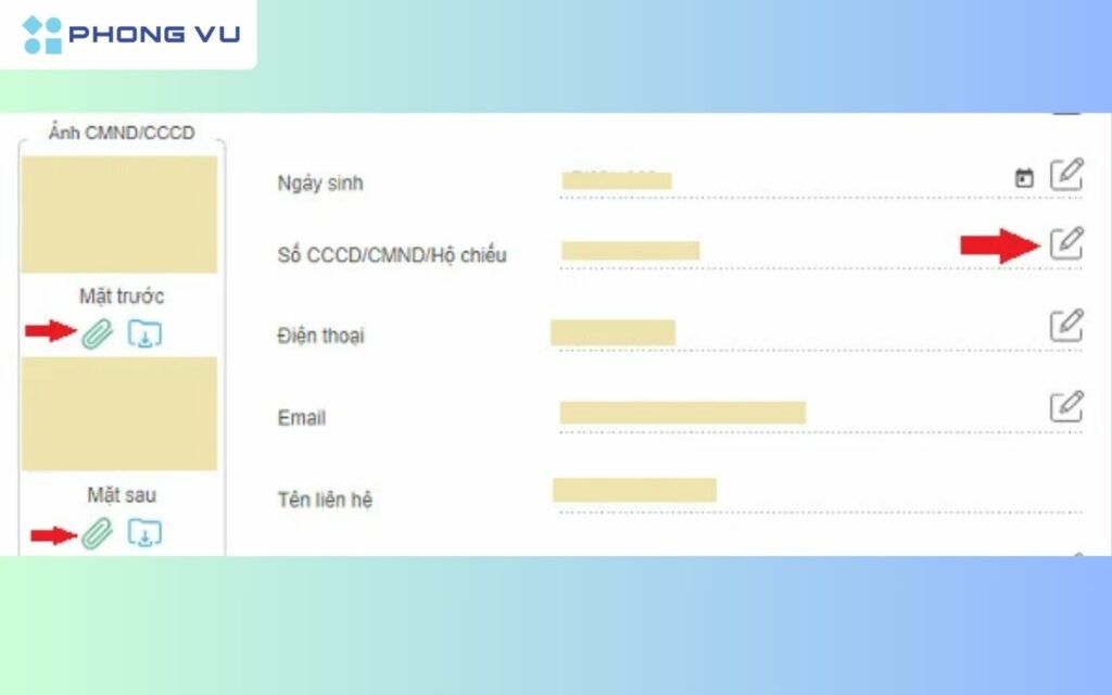 Chọn Số CCCD/CMND/Hộ chiếu để chỉnh sửa và cập nhật lại ảnh mặt trước, mặt sau của CCCD mới