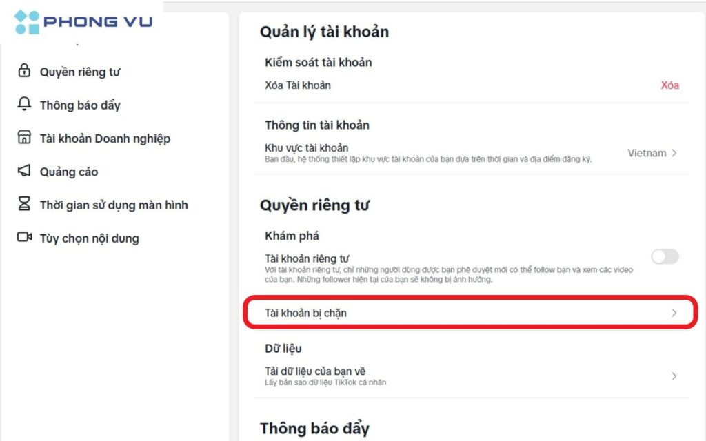 Vào danh sách các tài khoản đã bị chặn trước đó