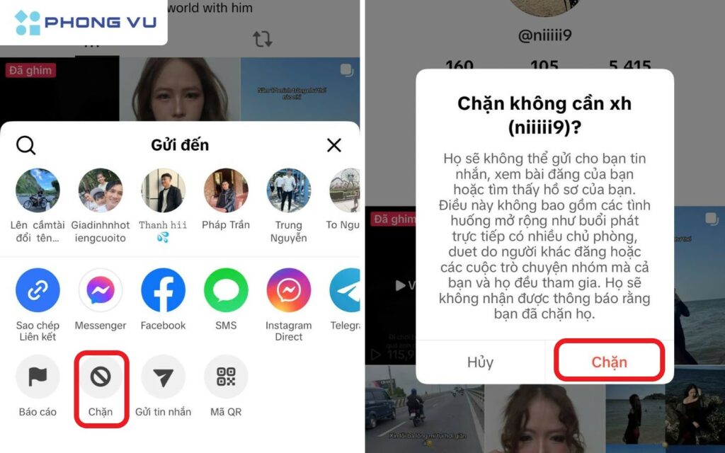 Chọn Chặn và xác nhận hành động
