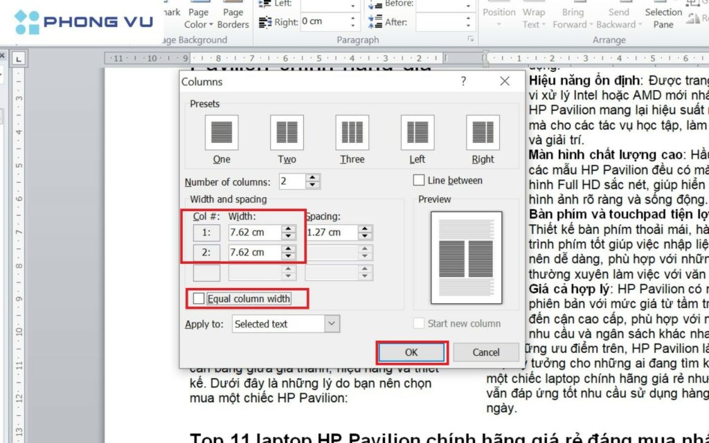 Chỉnh kích thước từng cột (Width)