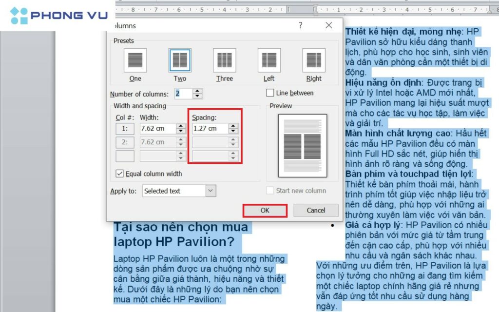 Chỉnh khoảng cách giữa các cột (Spacing)