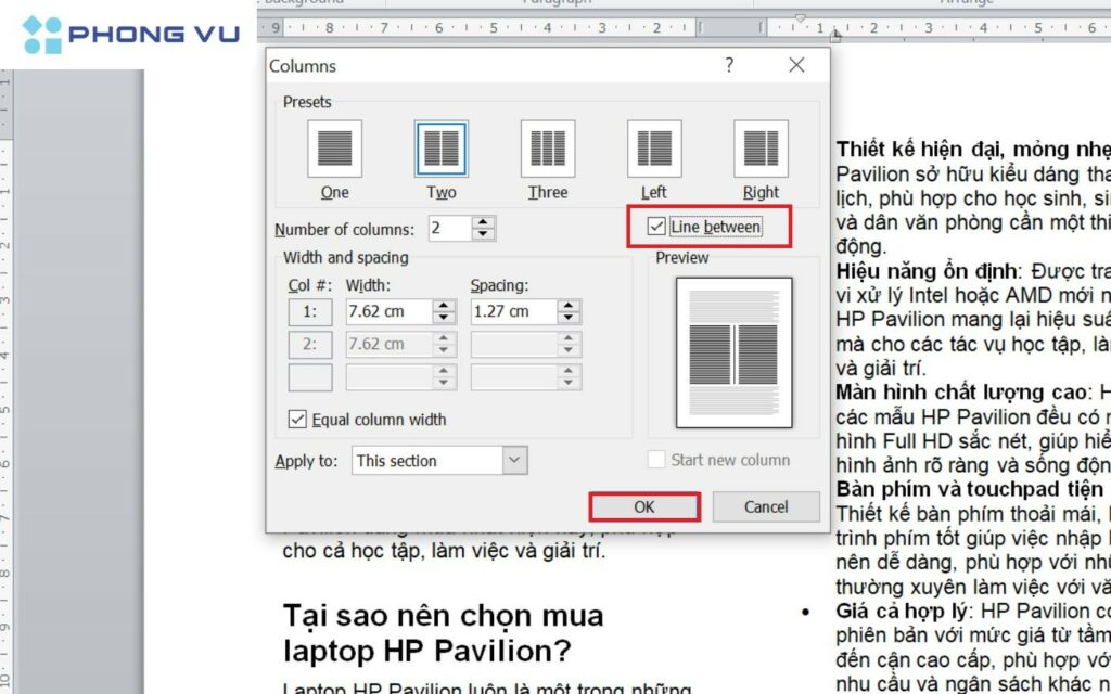 Tick chọn vào ô Line between