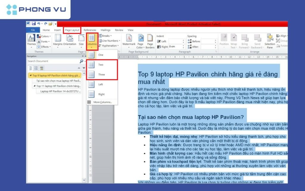 Chọn số lượng Columns