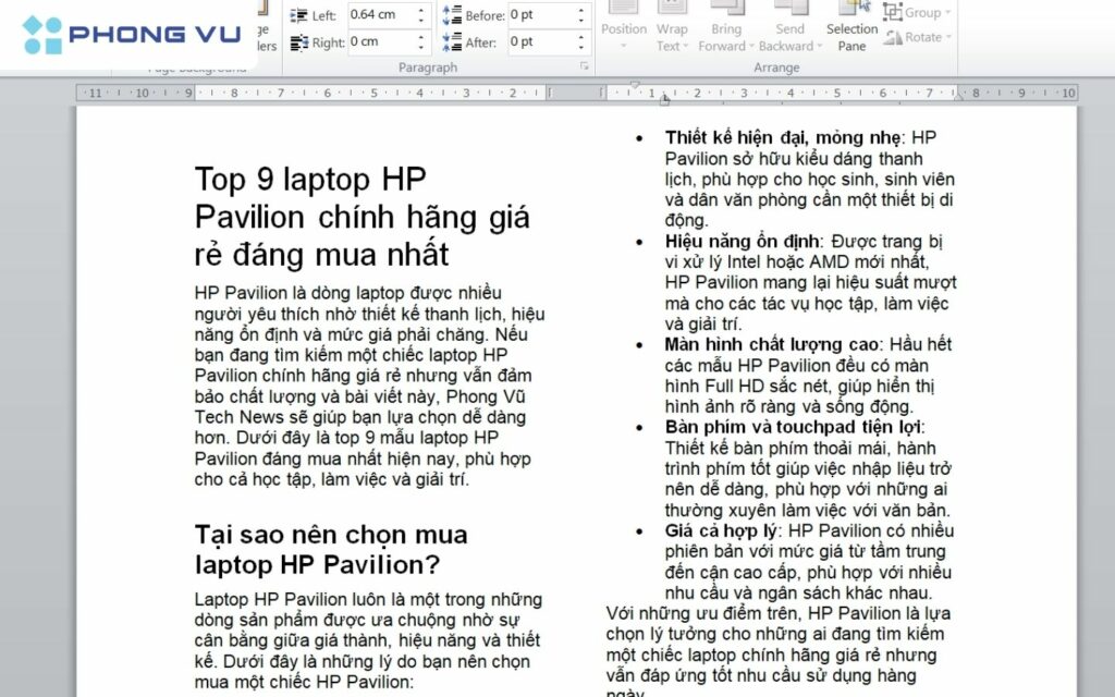 Kết quả chia văn bản thành 2 cột