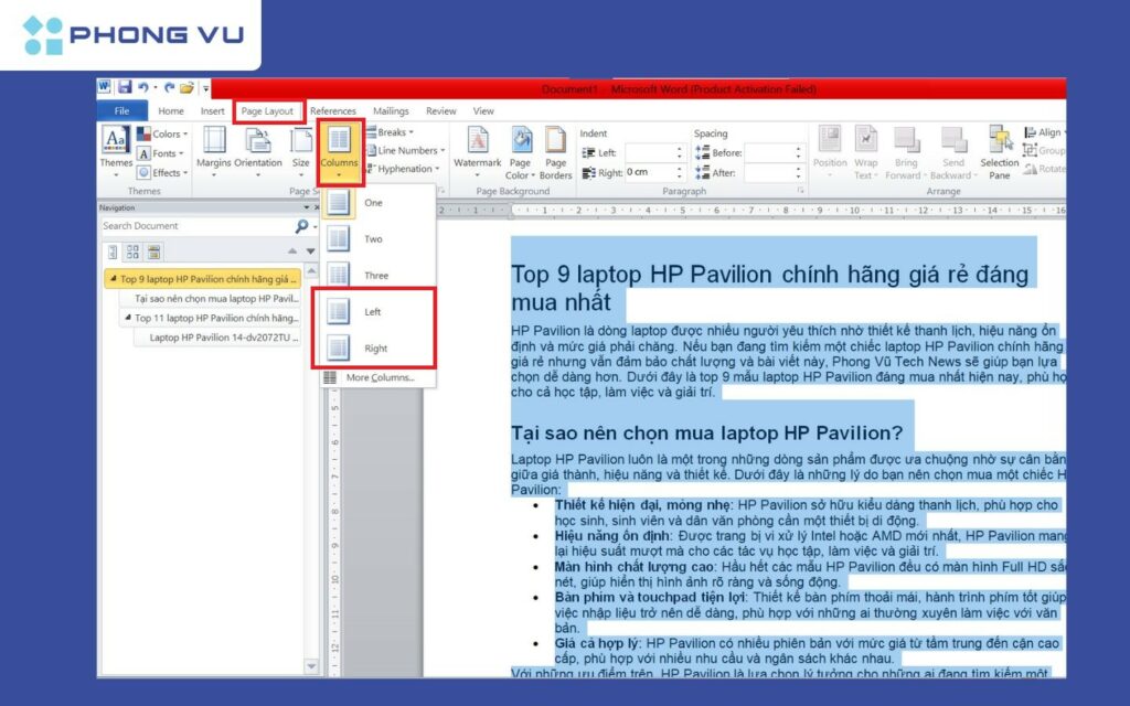 Chọn Left hoặc chọn Right