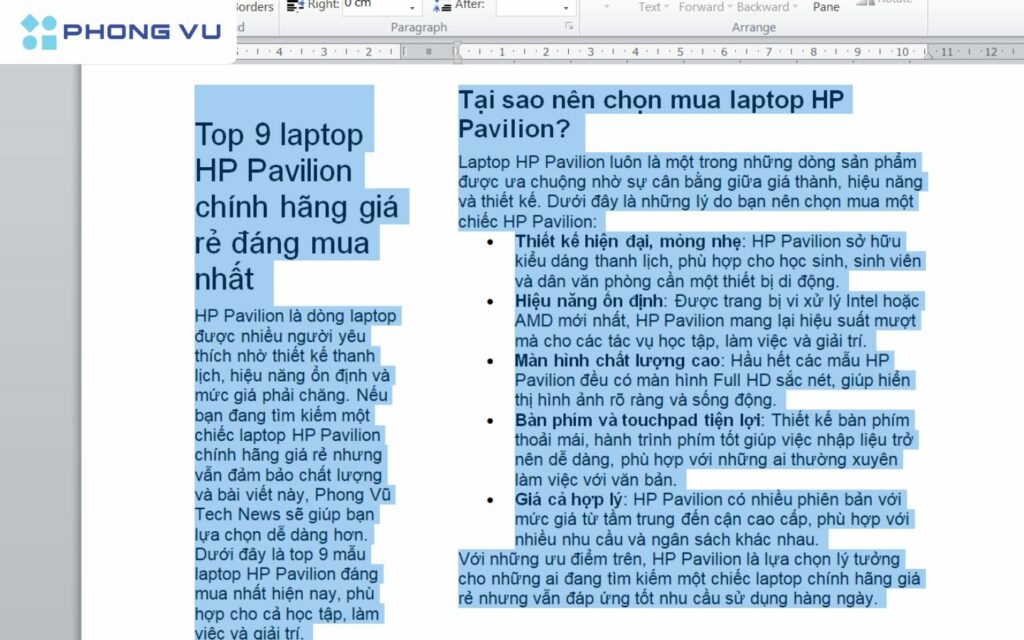 Kết quả khi chọn định dạng Left