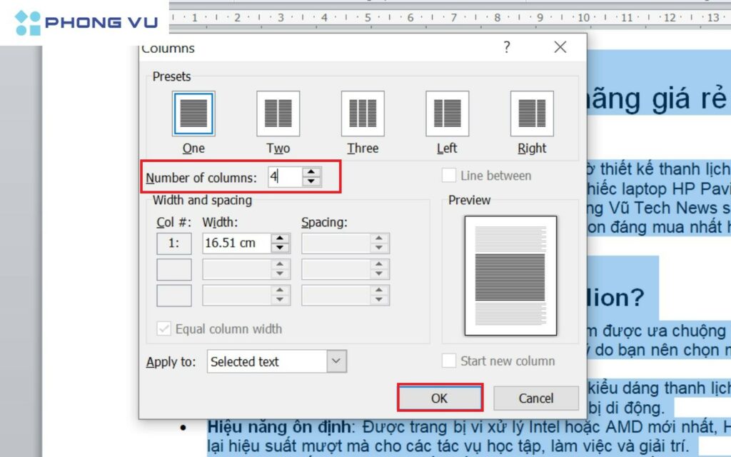 Tại mục Number of columns, bạn nhập số cột