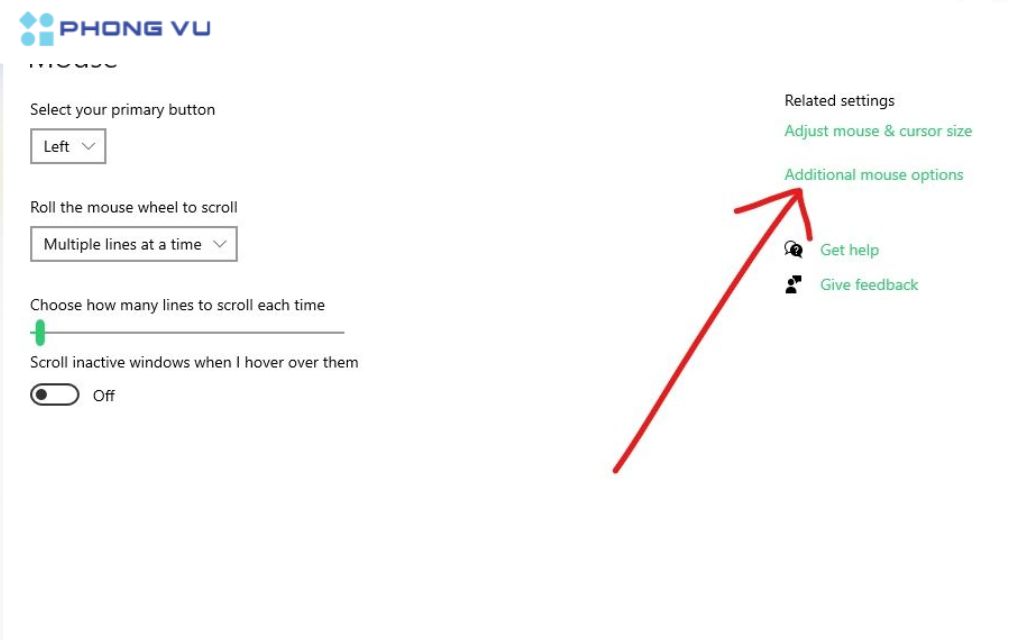 Trong phần bên phải của cửa sổ Mouse, tại mục "Related settings", chọn Additional mouse options