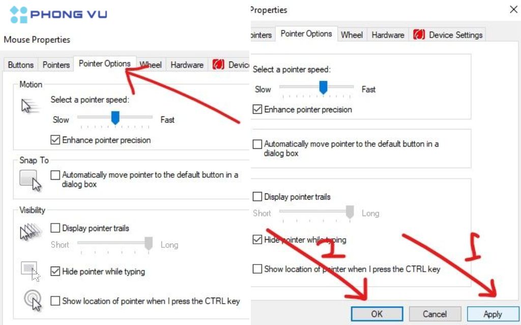 Sau khi đã điều chỉnh tốc độ con trỏ theo ý muốn, hãy nhấp vào nút Apply và sau đó nhấp vào nút OK để lưu lại các thay đổi