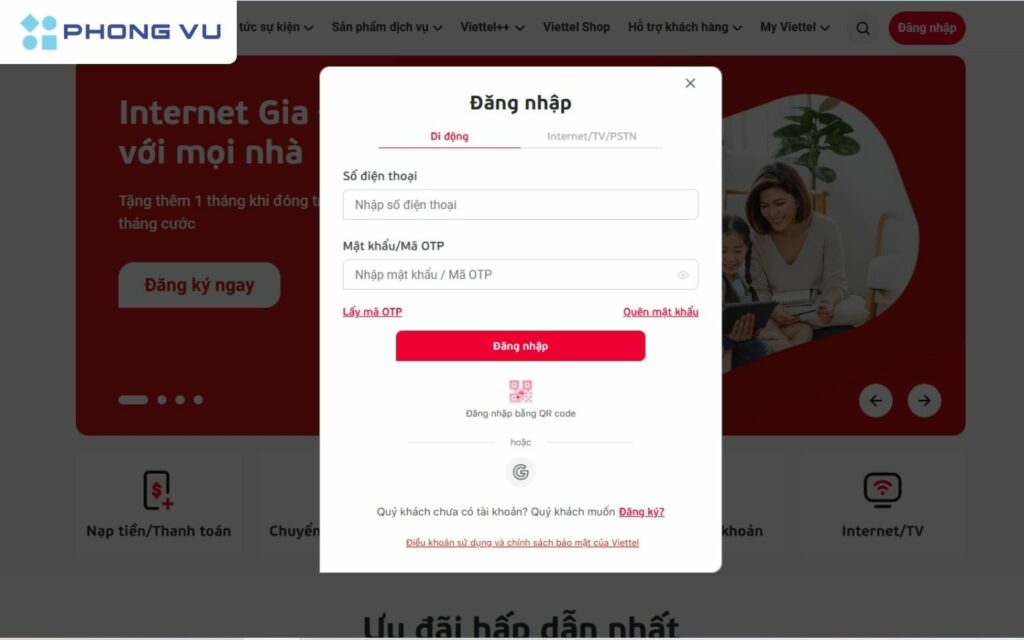 Đăng nhập tài khoản bằng số điện thoại Viettel của bạn