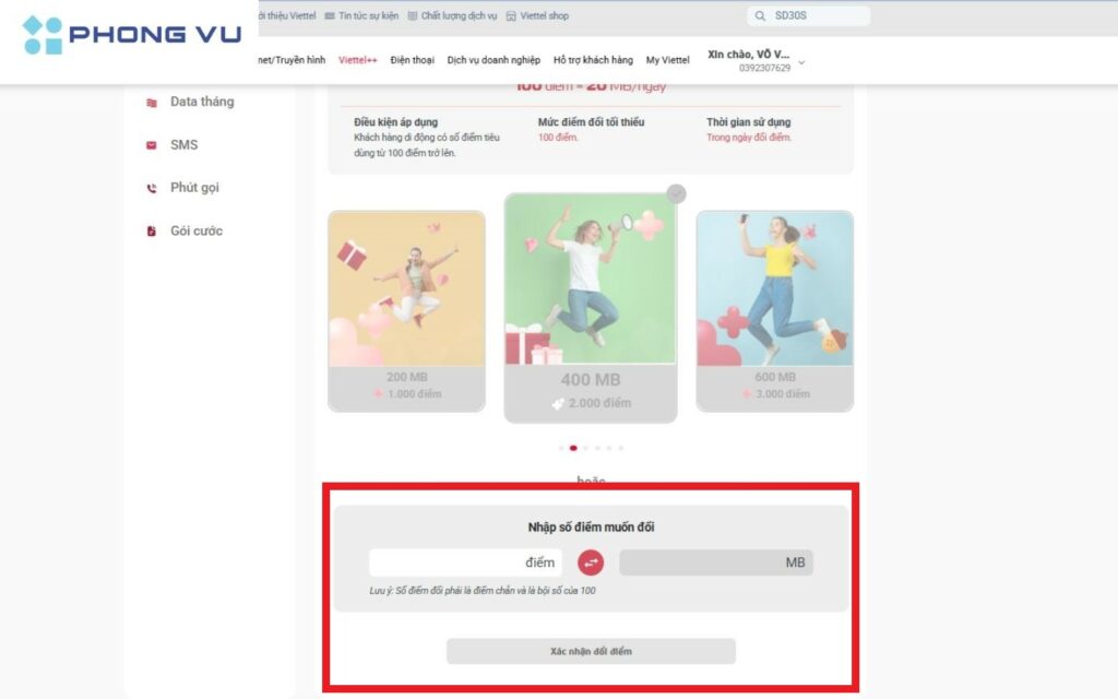 Chọn phần thưởng mong muốn và xác nhận quy đổi