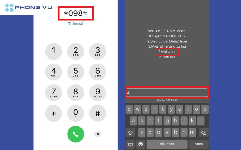 Vào mục điện thoại Quay số *098#