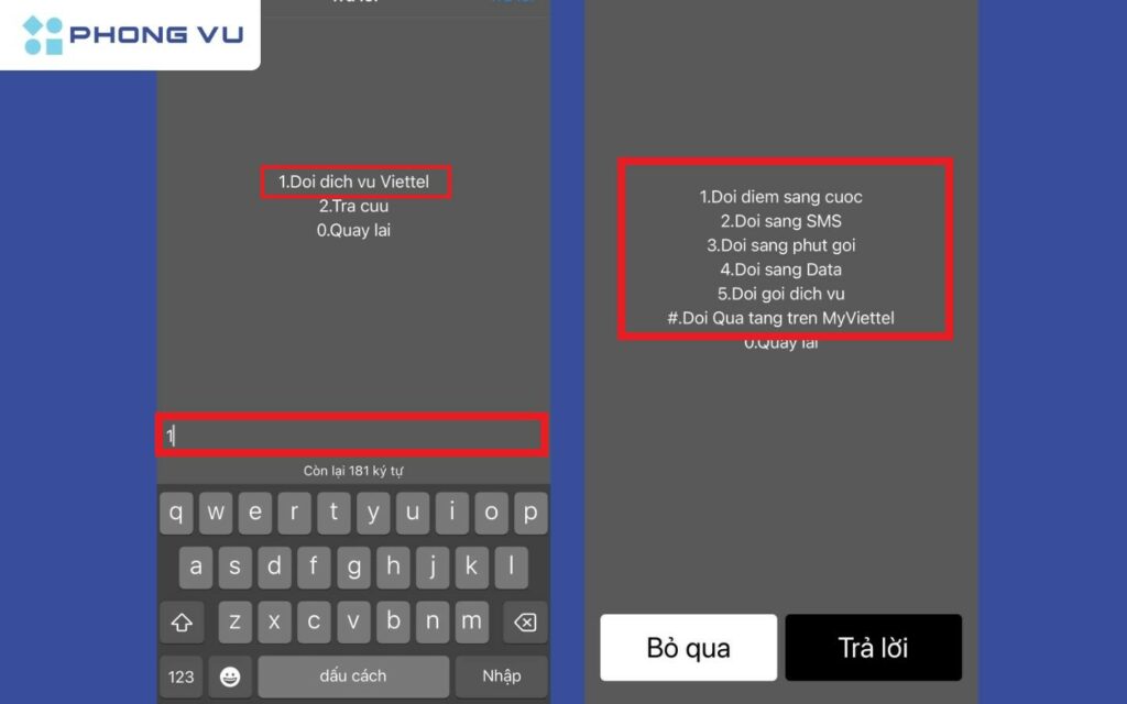 Nhấn số 1 để chọn mục Đổi dịch vụ Viettel