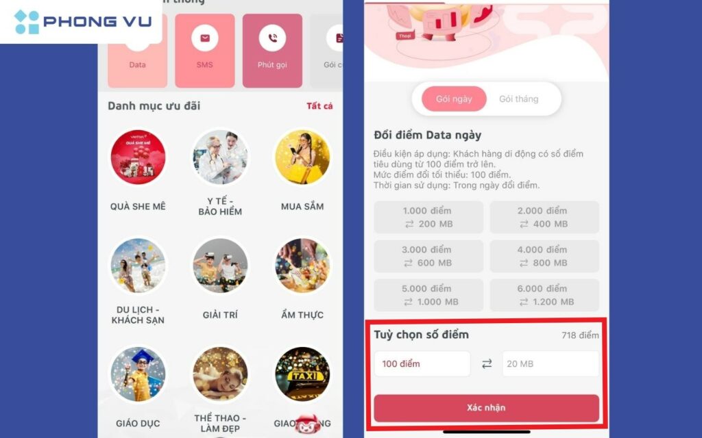 Chọn ưu đãi, mức quy đổi Bấm Xác nhận