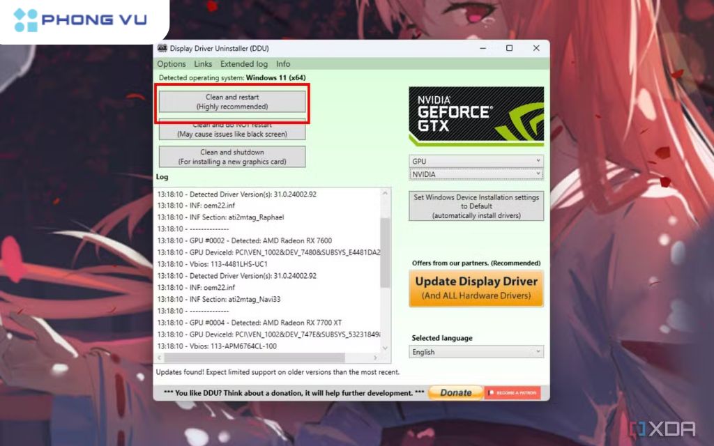 Chọn tùy chọn "Clean and restart" (Làm sạch và khởi động lại) nếu bạn định cài đặt trình điều khiển mới cho cùng card màn hình