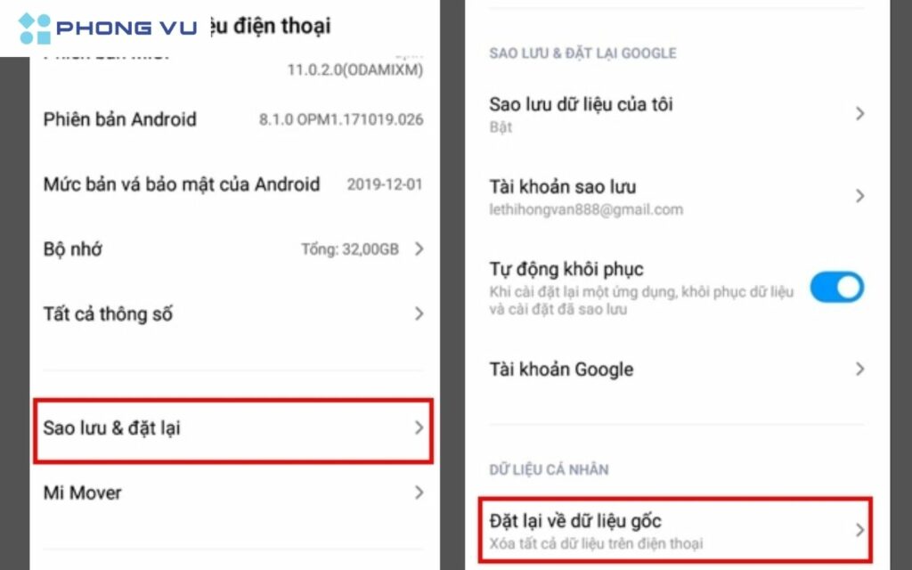 Nhấn Đặt lại dữ liệu gốc