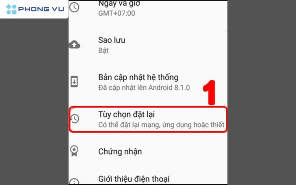 Nhấn Tùy chọn đặt lại 