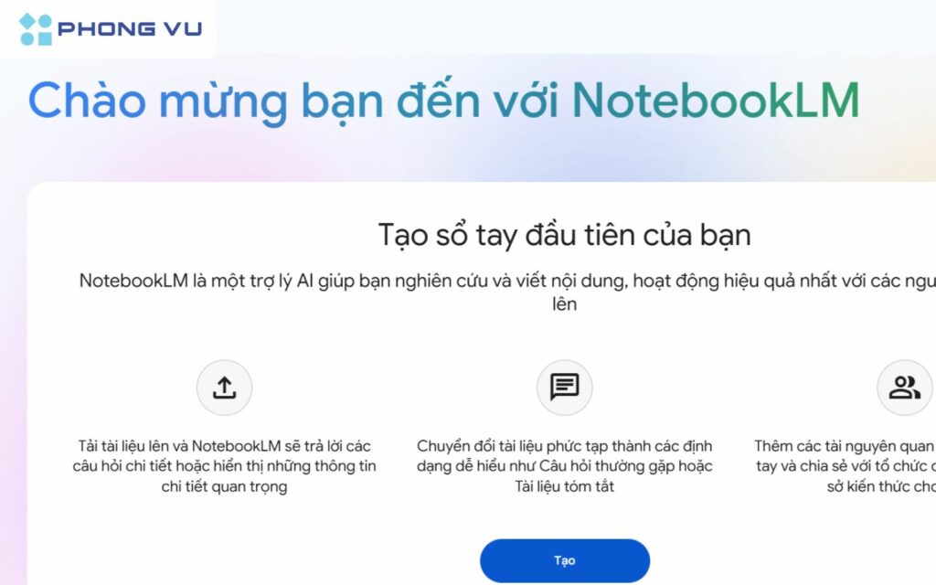 Trang chính của NotebookLM