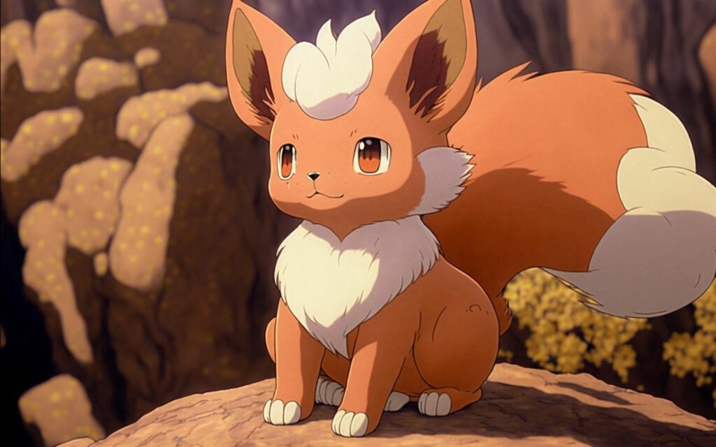 Một chú cáo dễ thương mang phong cách hoạt hình Ghibli, gợi nhớ đến Pokémon huyền thoại