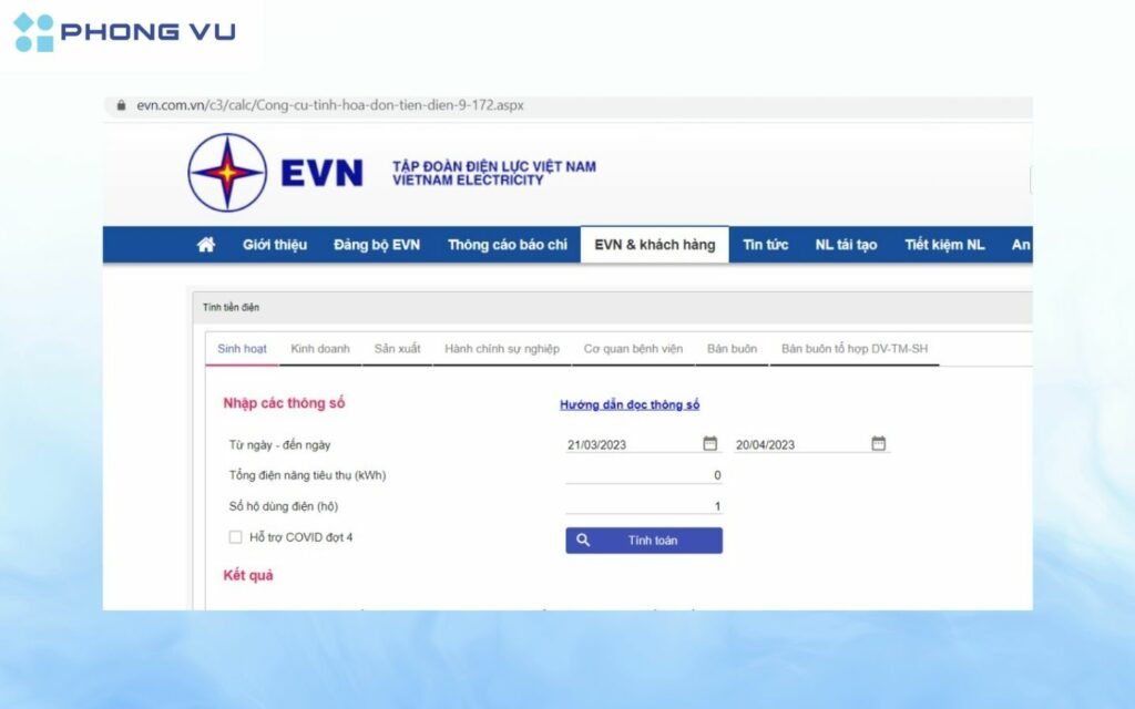 Truy cập trang tính tiền điện EVN