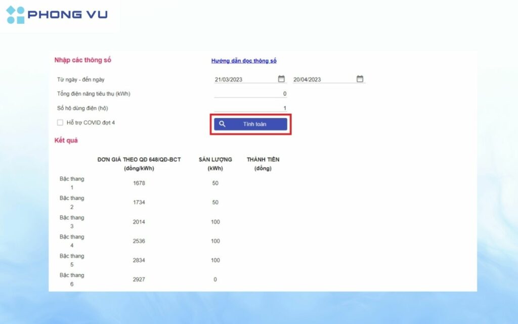 Nhấn nút "Tính toán"
