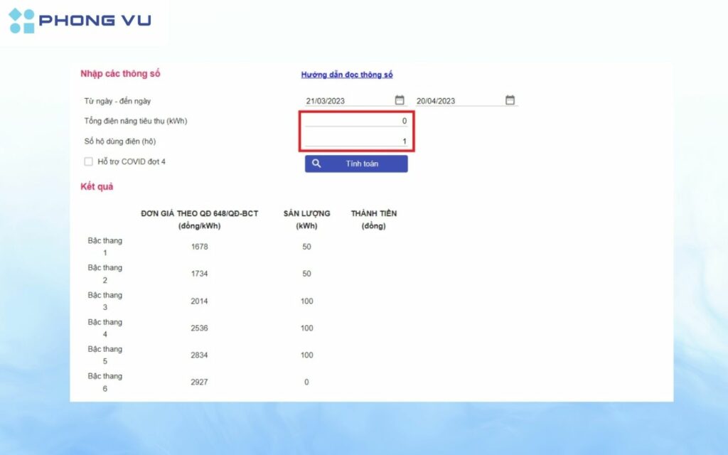  Nhập tổng số kWh