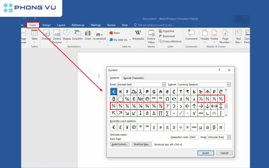 
Cách viết phân số trong Word bằng Symbols.