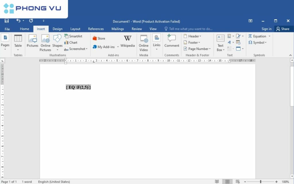 Nhập công thức sau: EQ' '\F(X,Y)