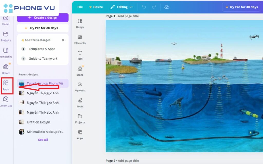 Mở ứng dụng Canva vào chọn vào phần Apps