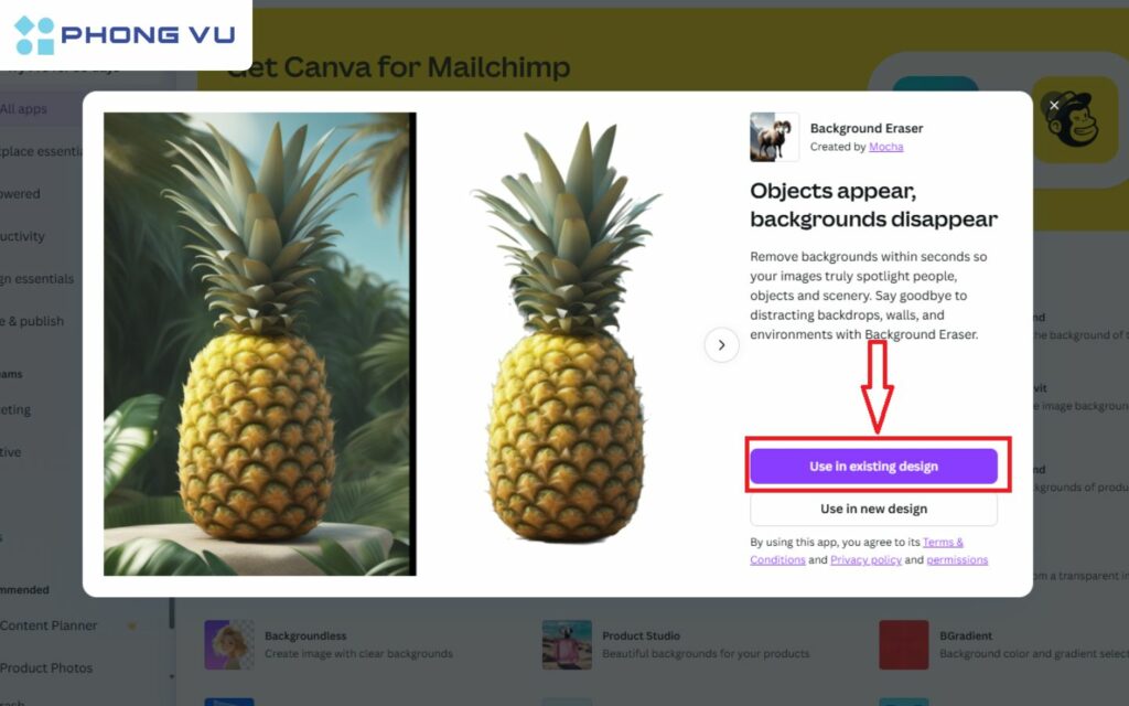 Bấm chọn vào mục Use in existing design