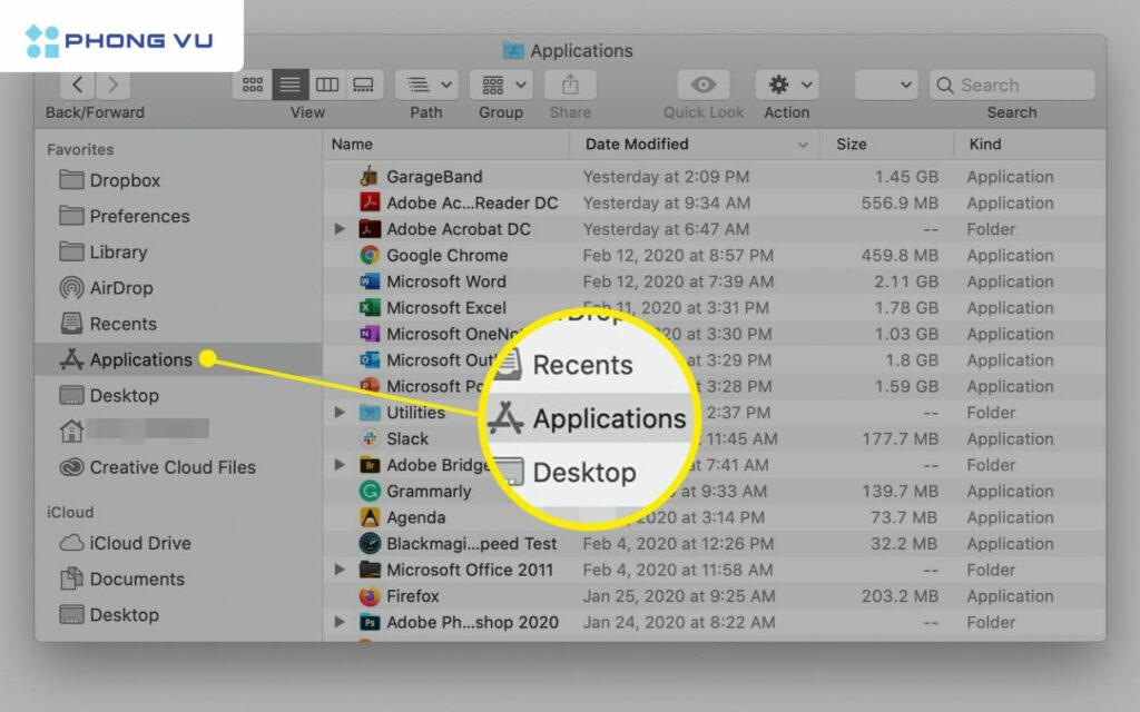 Mở thư mục Applications