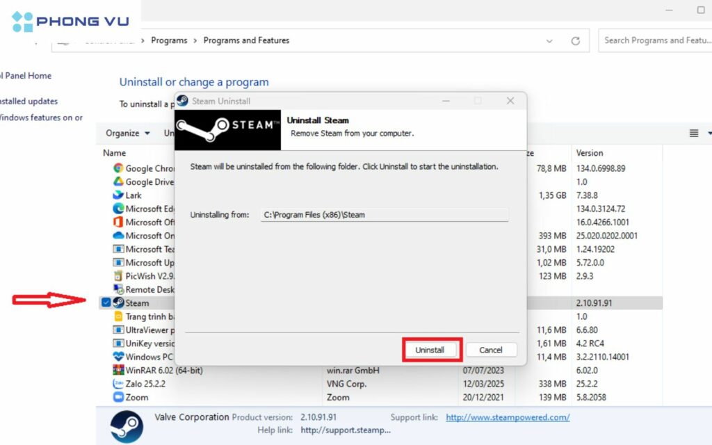 Chọn ứng dụng cần xóa và chọn Uninstall