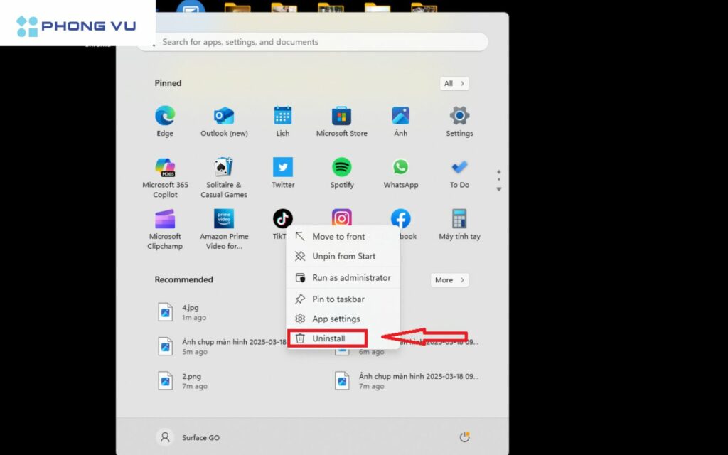 Chọn ứng dụng cần xóa và bấm vào Uninstall