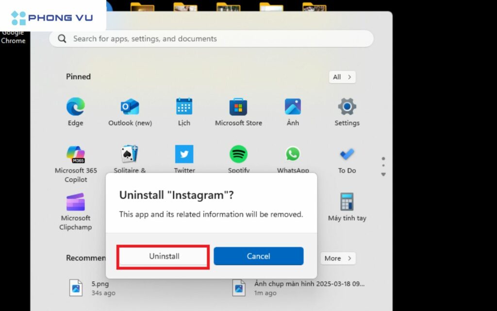Chọn vào Uninstall