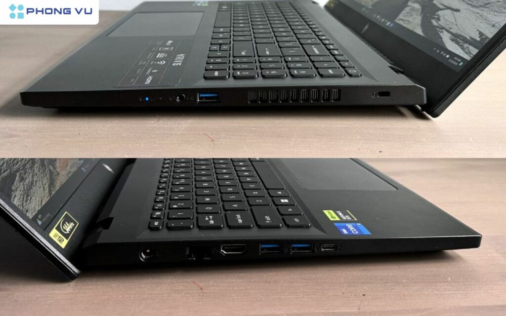 Đánh giá laptop gaming Acer Nitro V 15 ANV15-51-75GS: Lựa chọn gaming tầm trung đáng giá hay còn nhiều tiếc nuối? 8 Acer Nitro V 15 cung cấp bộ cổng kết nối phong phú: USB-C 10 Gbps, ba USB-A 5 Gbps, HDMI 2.1, Ethernet, jack 3.5 mm và khóa Kensington.