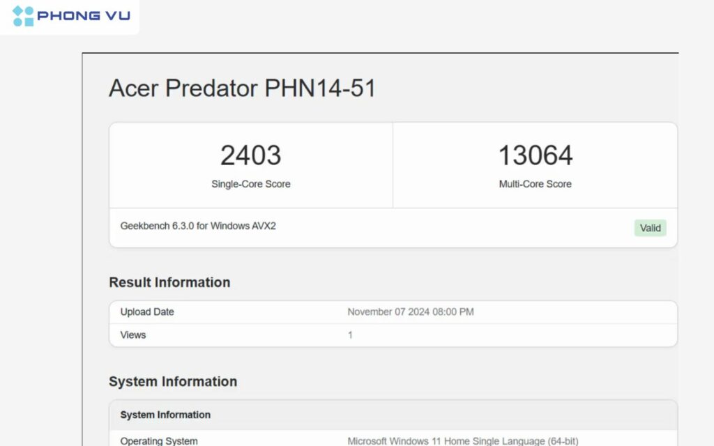 Kết quả benchmark cho thấy máy đạt 2403 điểm đơn nhân và 13064 điểm đa nhân