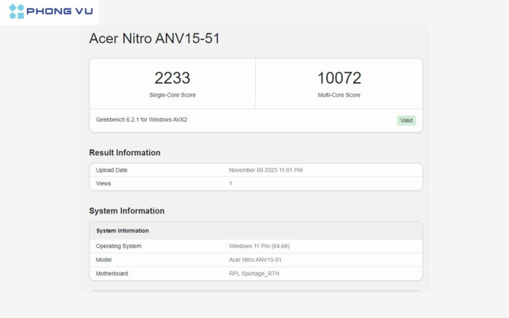 Kết quả Geekbench 6 cho thấy Intel Core i5-13420H có hiệu năng đơn nhân rất tốt