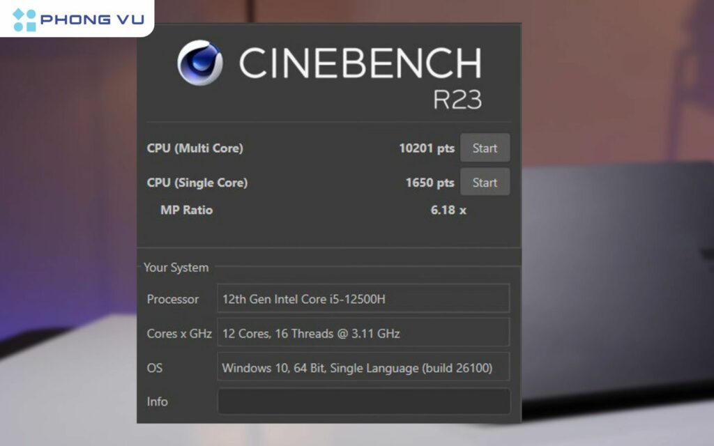 Kết quả benchmark trên Cinebench R23 ghi nhận điểm đơn nhân 1650 và đa nhân 10.210