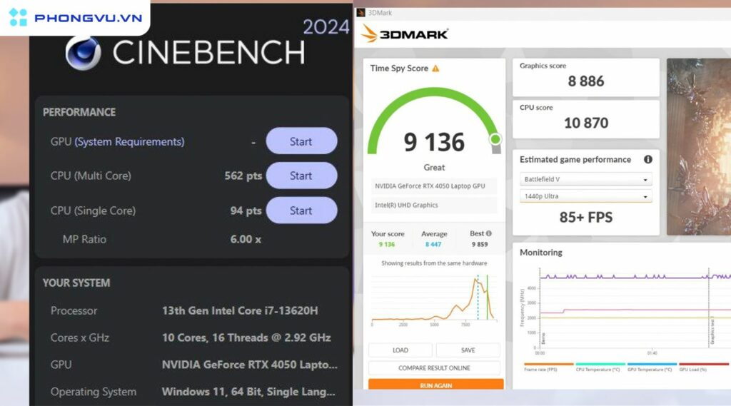 Hiệu năng CPU i7-13620H và GPU RTX 4050 cho ra số điểm benchmark khá tốt