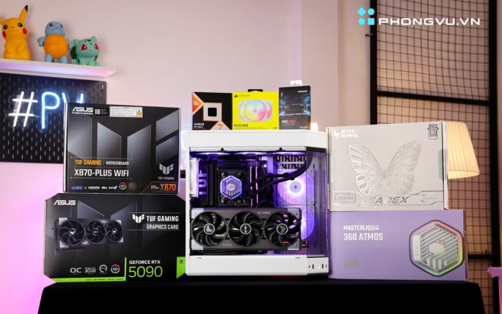 Zeus H002 gây ấn tượng mạnh với vỏ case HYTE Y60 trắng tinh tế, kết hợp hệ thống tản nhiệt nước Cooler Master Masterliquid 360 Atmos